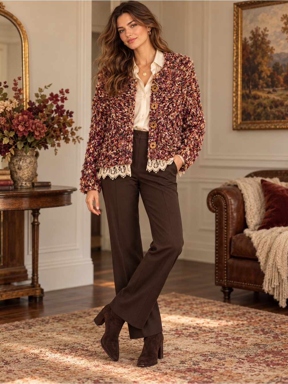 Anthropologie HWR Chunky Wool Blend Lace Hem Cardigan XS NWOT